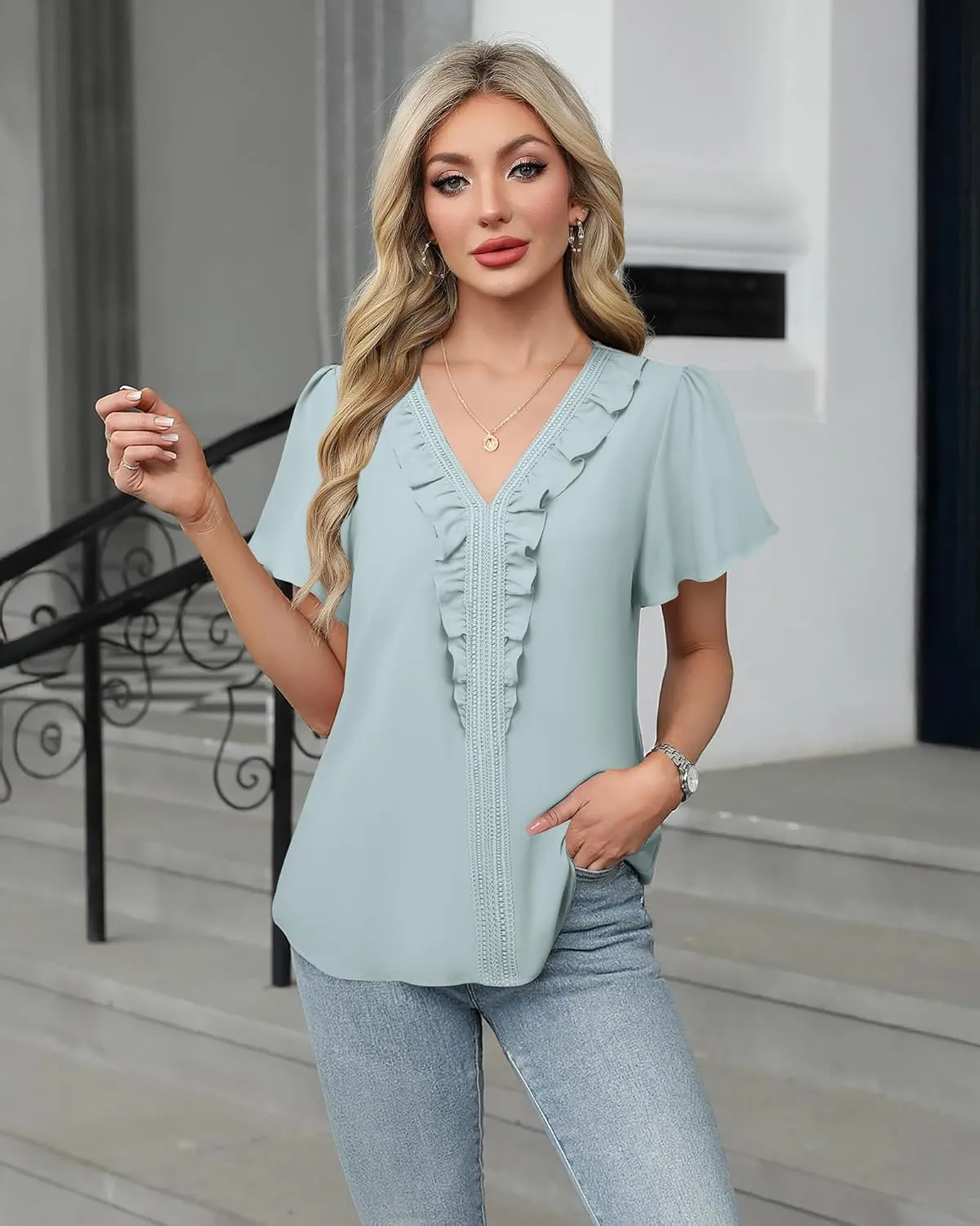 Lotusmile Womens Dressy Ruffle Tops Summer Chiffon V Neck Work Blouse Casual Flutter Short Sleeve Shirts