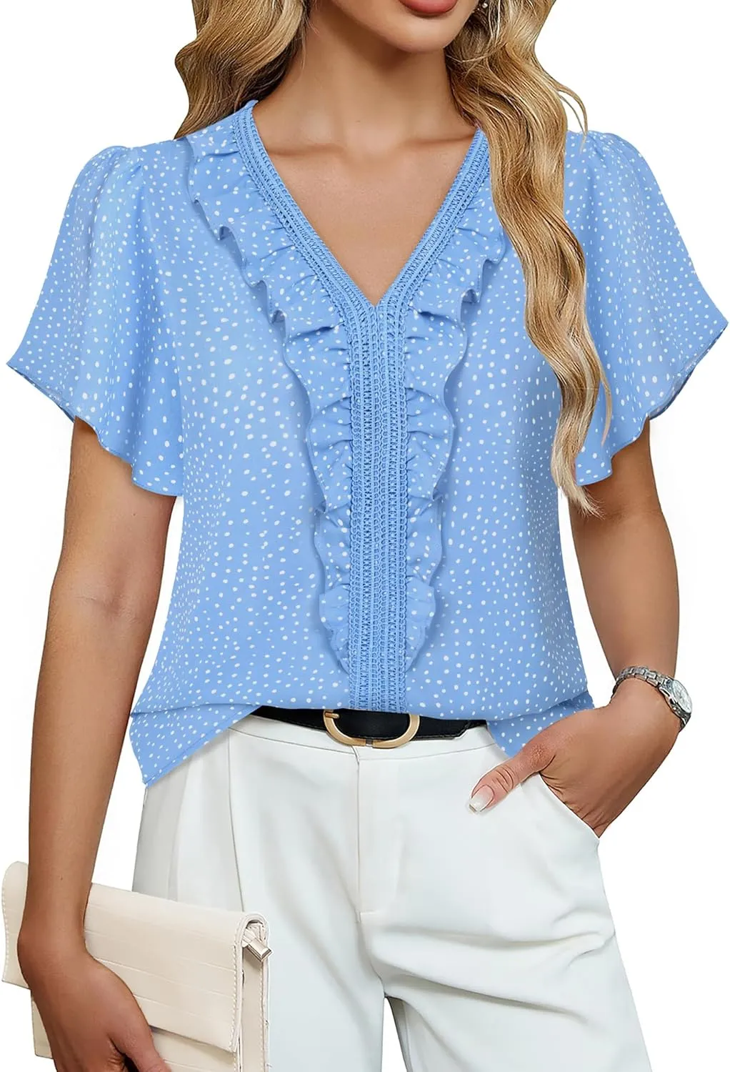 Lotusmile Womens Dressy Ruffle Tops Summer Chiffon V Neck Work Blouse Casual Flutter Short Sleeve Shirts
