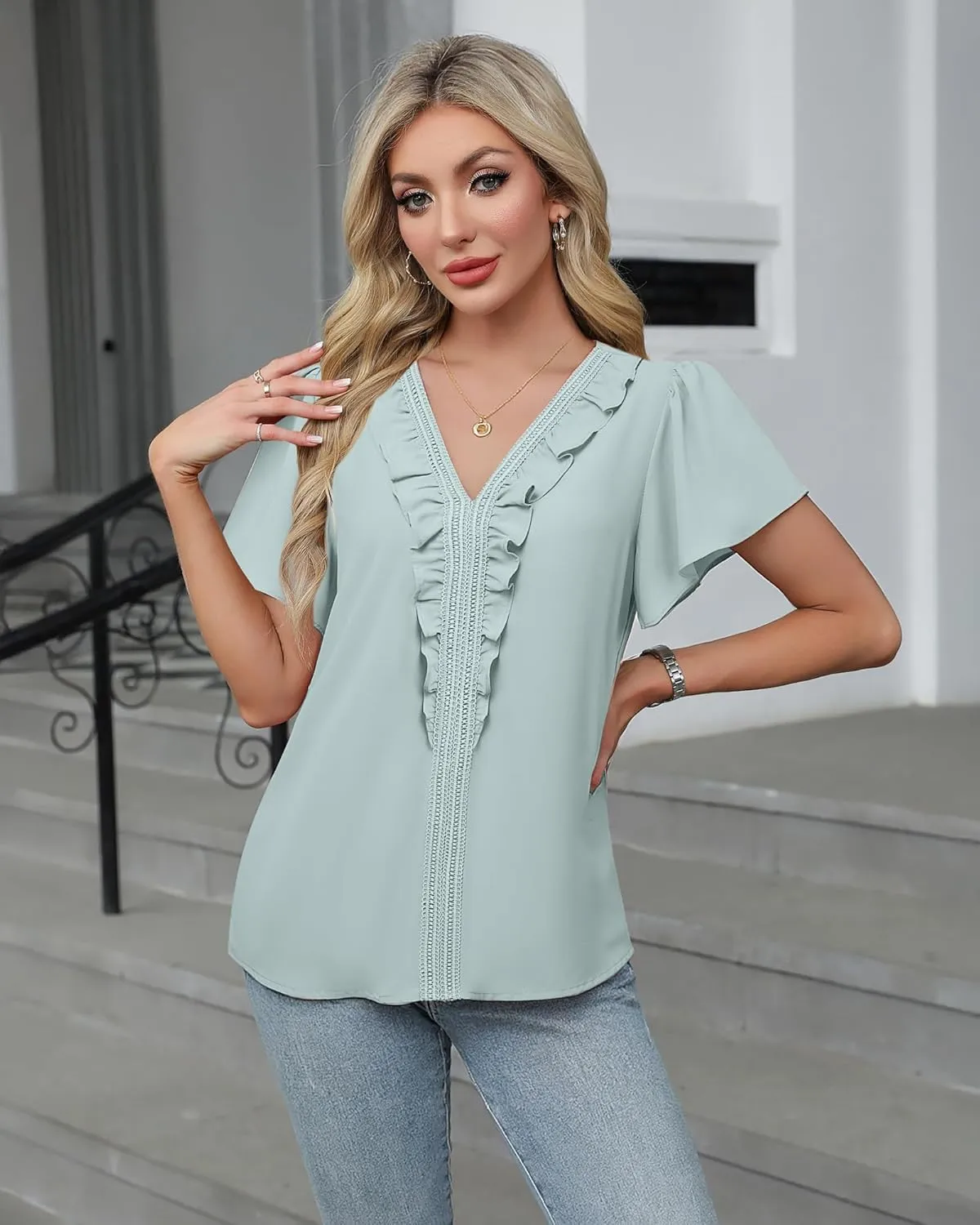 Lotusmile Womens Dressy Ruffle Tops Summer Chiffon V Neck Work Blouse Casual Flutter Short Sleeve Shirts
