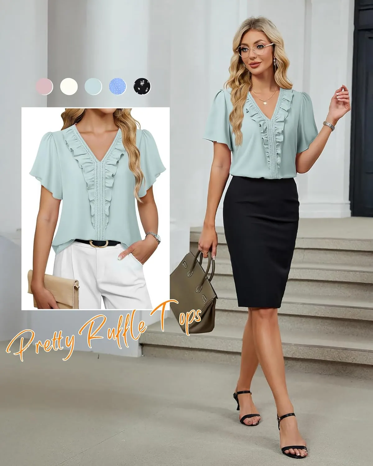Lotusmile Womens Dressy Ruffle Tops Summer Chiffon V Neck Work Blouse Casual Flutter Short Sleeve Shirts