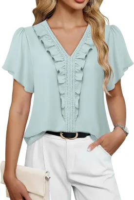 Lotusmile Womens Dressy Ruffle Tops Summer Chiffon V Neck Work Blouse Casual Flutter Short Sleeve Shirts