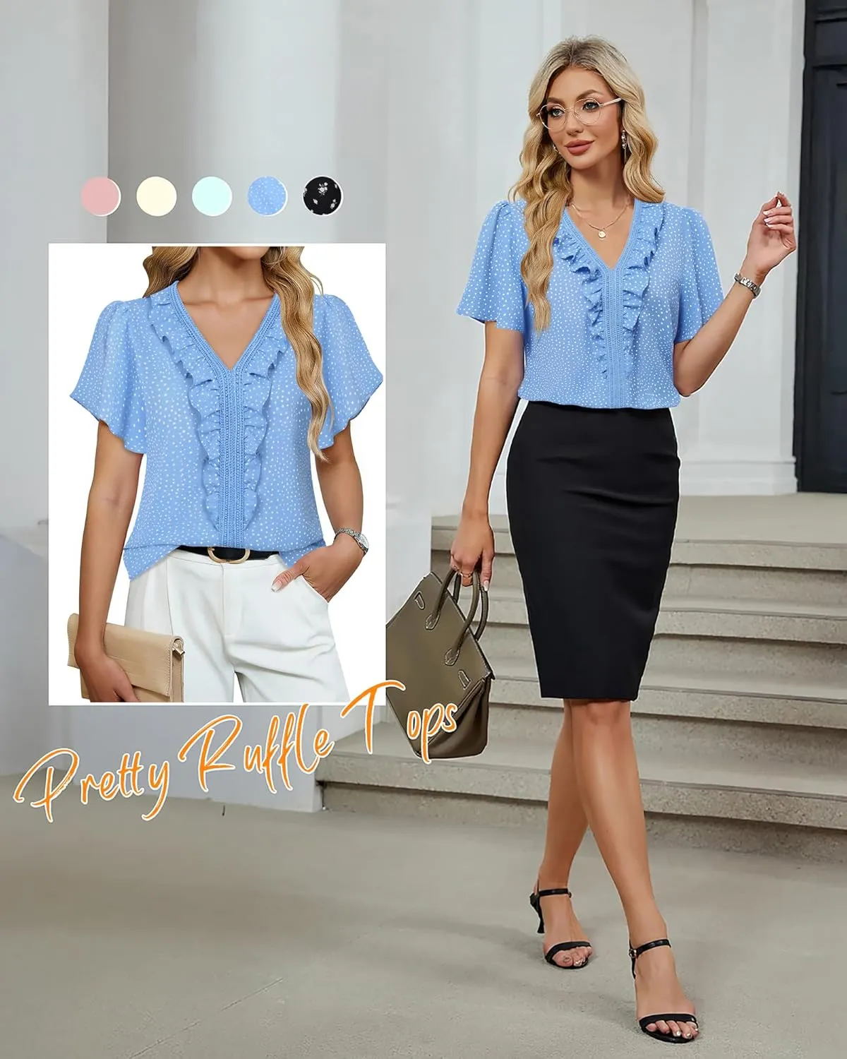Lotusmile Womens Dressy Ruffle Tops Summer Chiffon V Neck Work Blouse Casual Flutter Short Sleeve Shirts