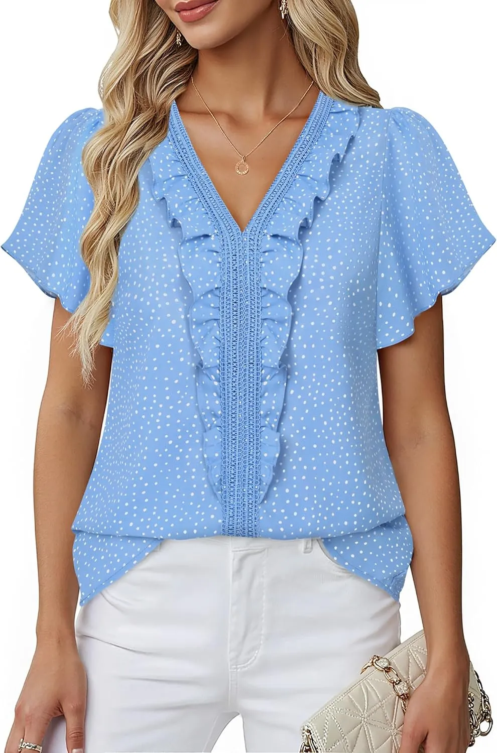 Lotusmile Womens Dressy Ruffle Tops Summer Chiffon V Neck Work Blouse Casual Flutter Short Sleeve Shirts