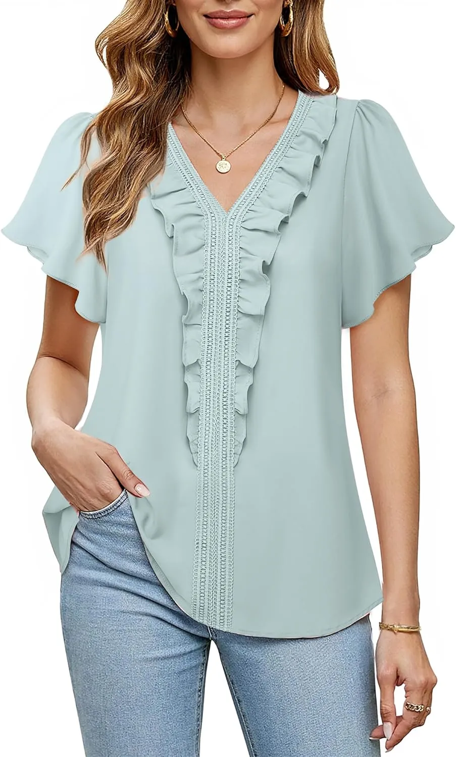 Lotusmile Womens Dressy Ruffle Tops Summer Chiffon V Neck Work Blouse Casual Flutter Short Sleeve Shirts