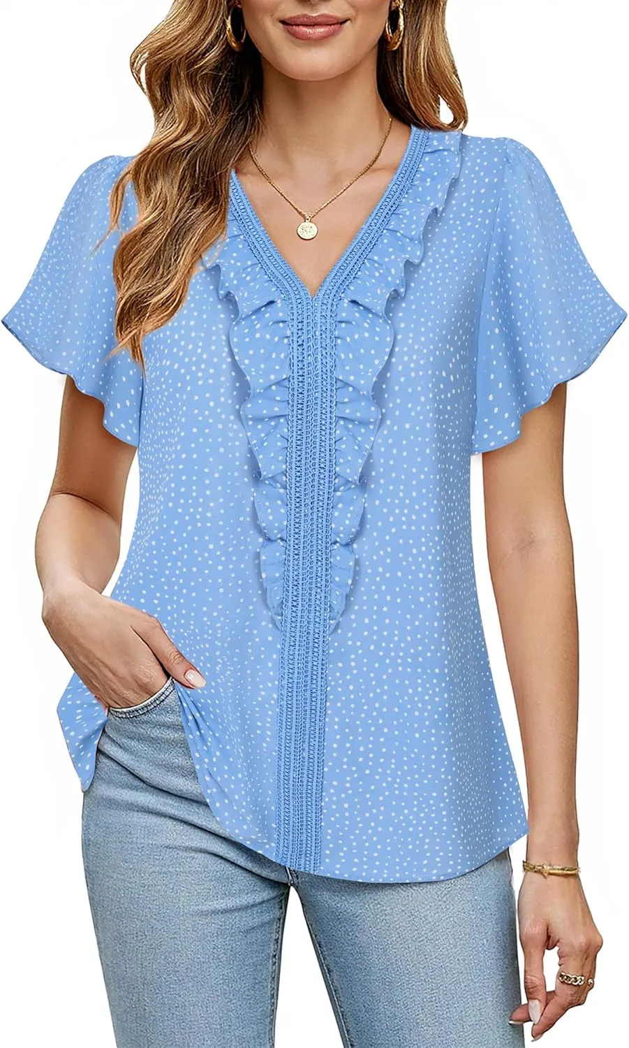 Lotusmile Womens Dressy Ruffle Tops Summer Chiffon V Neck Work Blouse Casual Flutter Short Sleeve Shirts