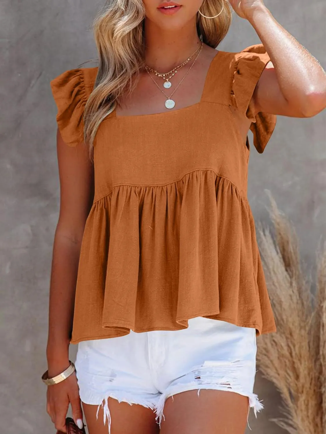 LYANER Women's Summer Sleeveless Peplum Blouse Square Neck Ruffle Strap Babydoll Tank Top