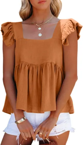 LYANER Women's Summer Sleeveless Peplum Blouse Square Neck Ruffle Strap Babydoll Tank Top