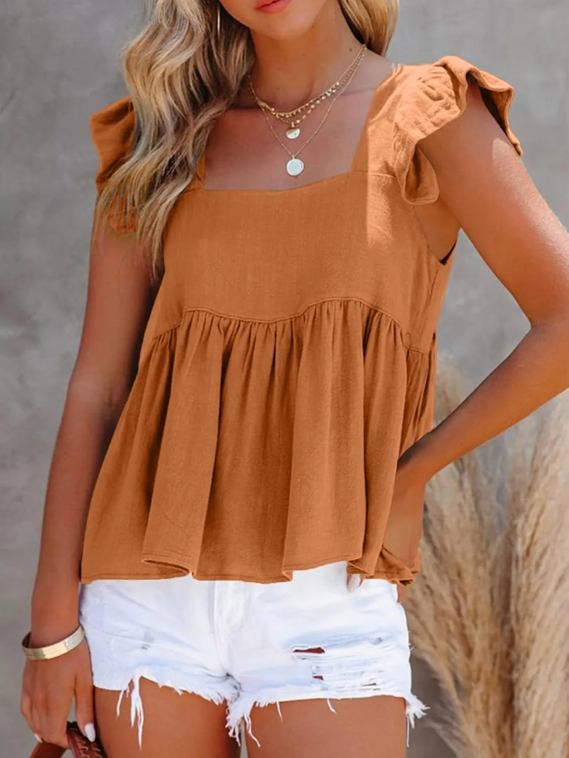 LYANER Women's Summer Sleeveless Peplum Blouse Square Neck Ruffle Strap Babydoll Tank Top