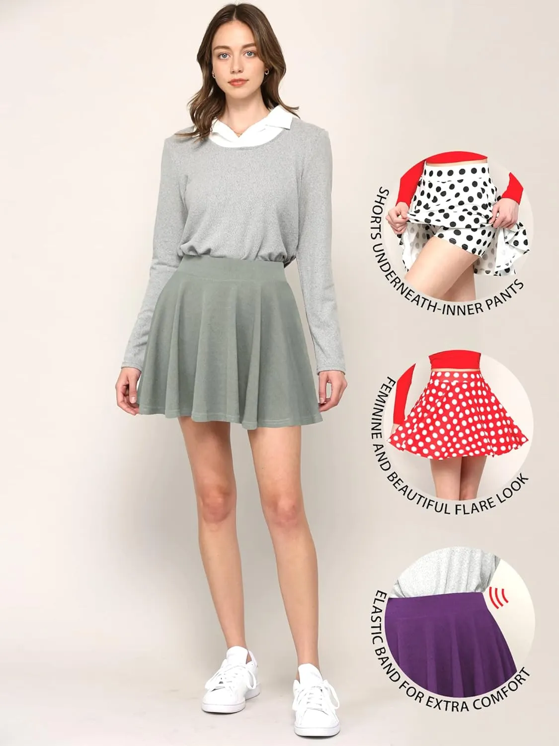 Made By Johnny Women's Casual Stretchy Flared Pleated Mini Skater Skirt with Shorts