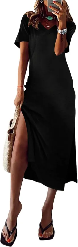 MARZXIN Women 2025 Casual Maxi Dress Short Sleeve V Neck Stripe Sundress Split Loose Long Summer Tshirt Activewear Dress