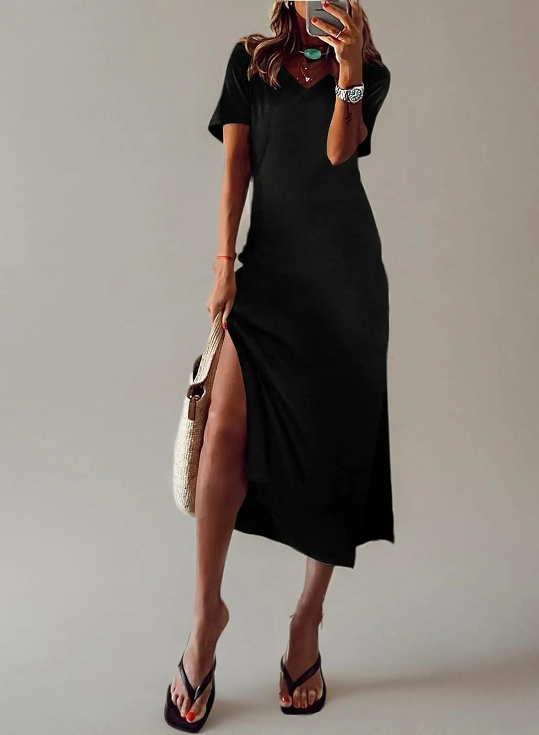 MARZXIN Women 2025 Casual Maxi Dress Short Sleeve V Neck Stripe Sundress Split Loose Long Summer Tshirt Activewear Dress