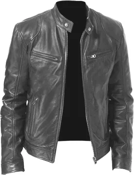 Men's Casual Leather Jacket Motorcycle Lightweight PU Outwear Stand Collar Bomber Leather Jacket