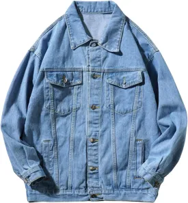 Mens Casual Stylish Denim Jackets Button Down Lapel Long Sleeve Jean Jacket Loose Antique Washed Trucker Coats