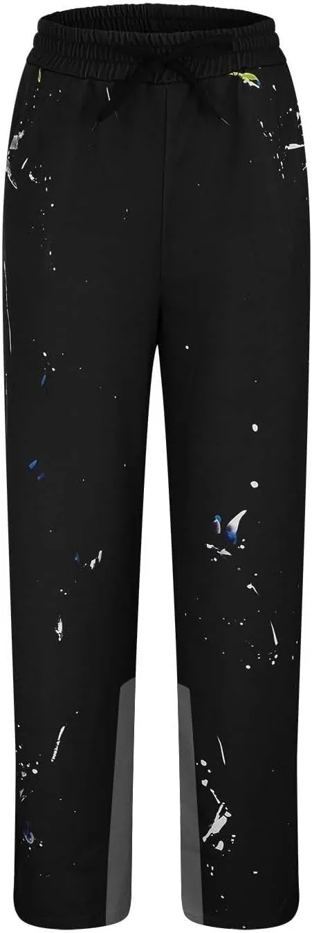 Mens Stacked Flared Jogger Sweatpants Patchwork Casual Y2K Wide Leg Track Pants Hippie Printed Bell Bottom Pants