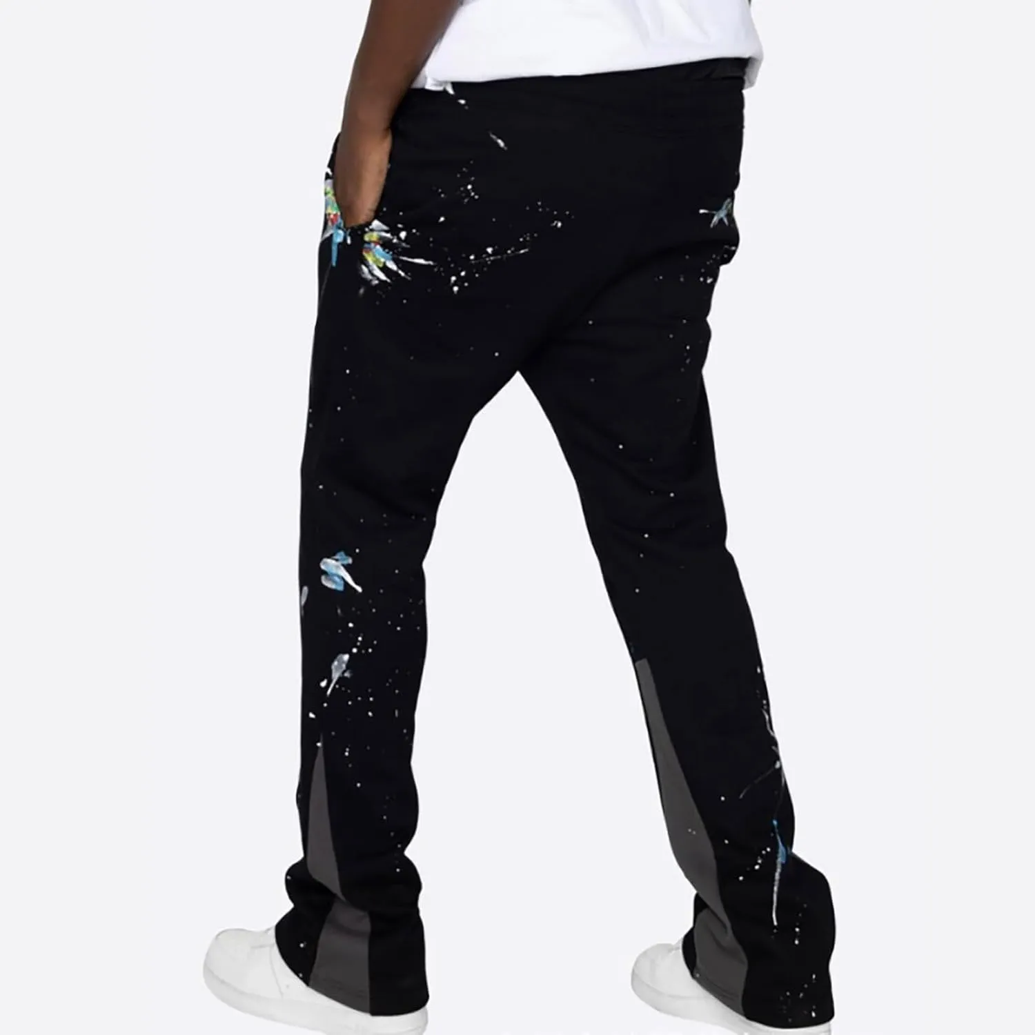 Mens Stacked Flared Jogger Sweatpants Patchwork Casual Y2K Wide Leg Track Pants Hippie Printed Bell Bottom Pants