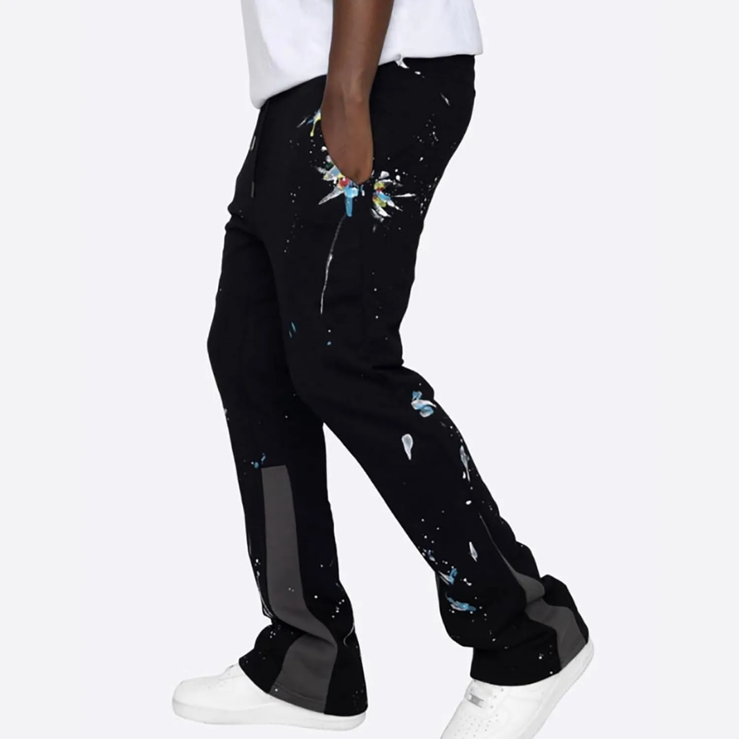 Mens Stacked Flared Jogger Sweatpants Patchwork Casual Y2K Wide Leg Track Pants Hippie Printed Bell Bottom Pants