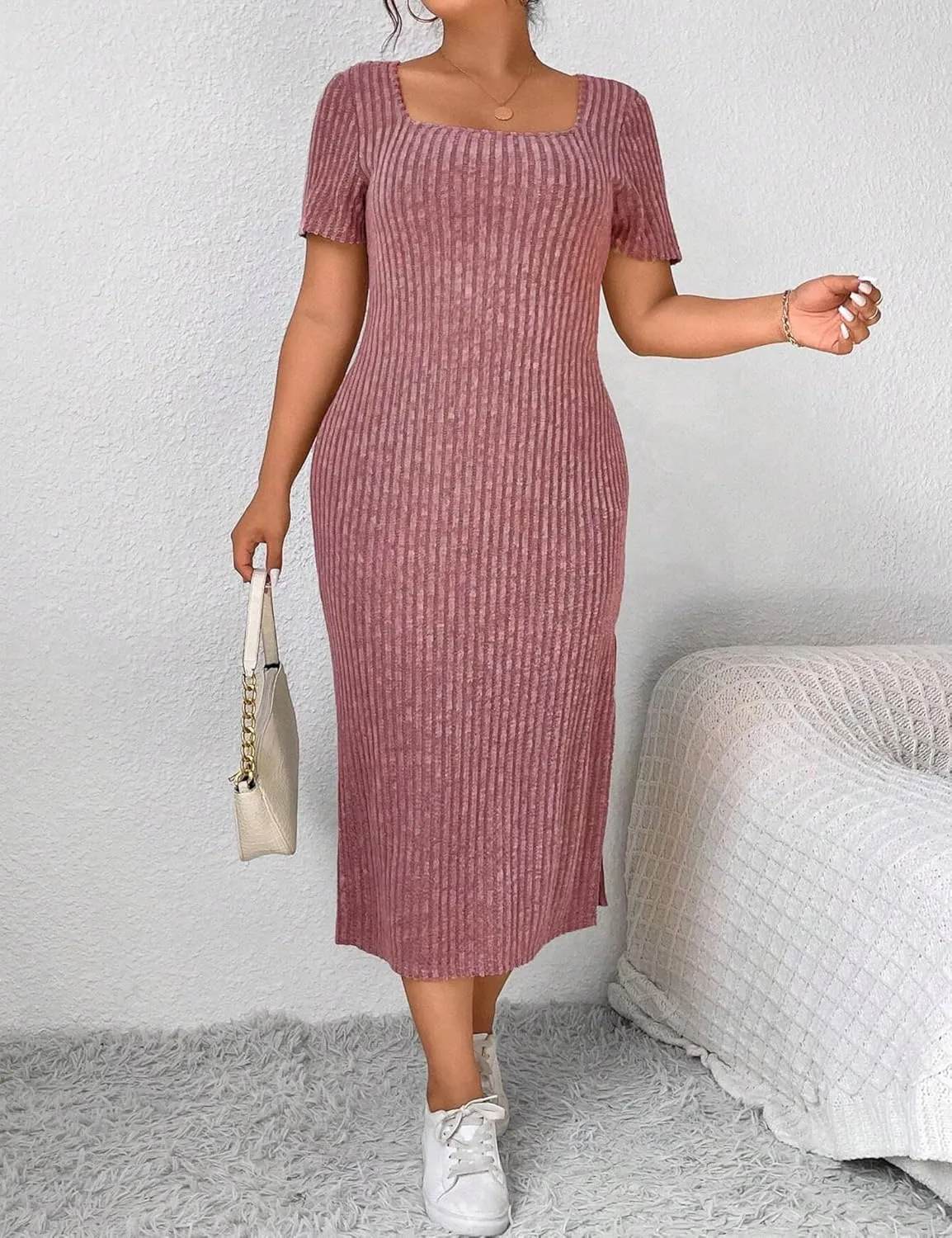 Plus Size Dress Women's V Neck Front Knotted Wrap A-Line Dress Plus Size Knee Length Midi Swing Dress for Curvy Women