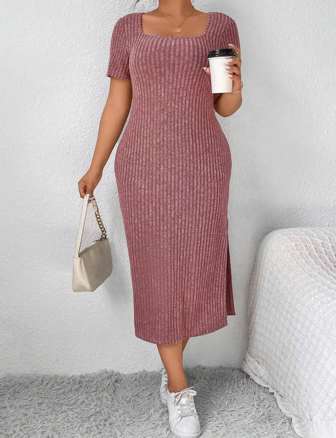 Plus Size Dress Women's V Neck Front Knotted Wrap A-Line Dress Plus Size Knee Length Midi Swing Dress for Curvy Women