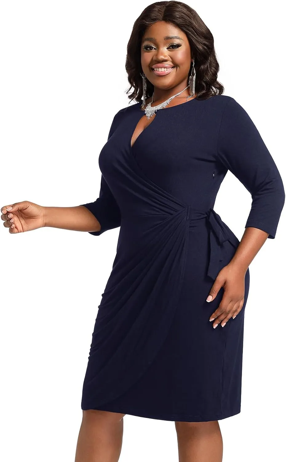 Plus Size Faux Wrap Bodycon Dress for Curvy Women Keyhole 3/4 Sleeve Sexy Cocktail Midi Wedding Guest Dresses