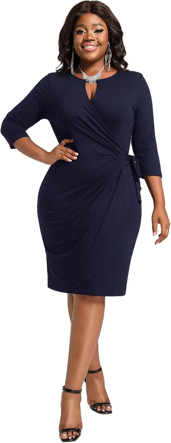 Plus Size Faux Wrap Bodycon Dress for Curvy Women Keyhole 3/4 Sleeve Sexy Cocktail Midi Wedding Guest Dresses