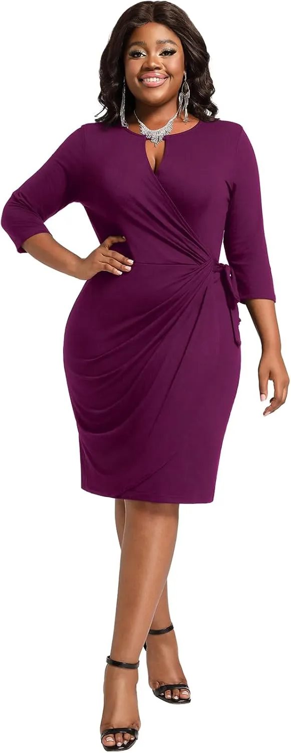 Plus Size Faux Wrap Bodycon Dress for Curvy Women Keyhole 3/4 Sleeve Sexy Cocktail Midi Wedding Guest Dresses