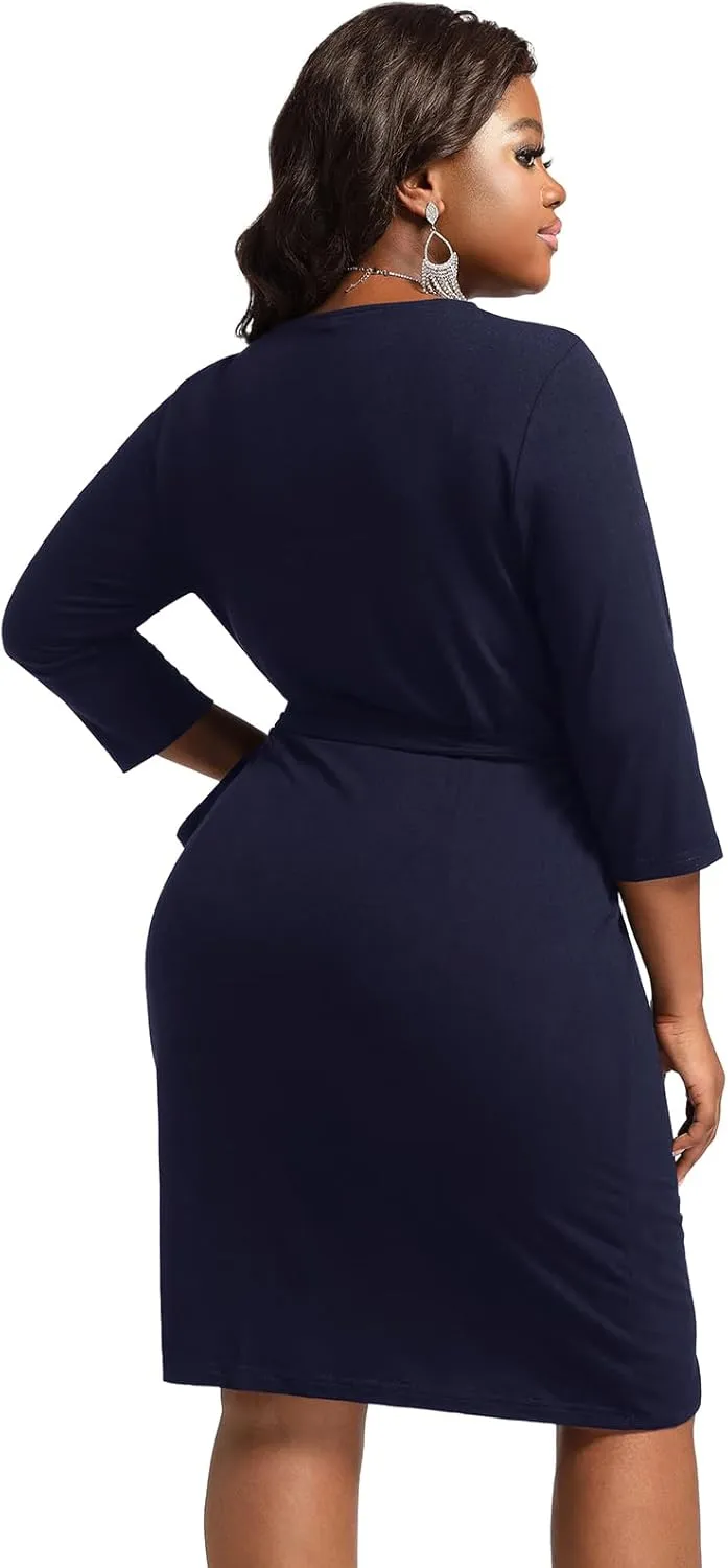 Plus Size Faux Wrap Bodycon Dress for Curvy Women Keyhole 3/4 Sleeve Sexy Cocktail Midi Wedding Guest Dresses