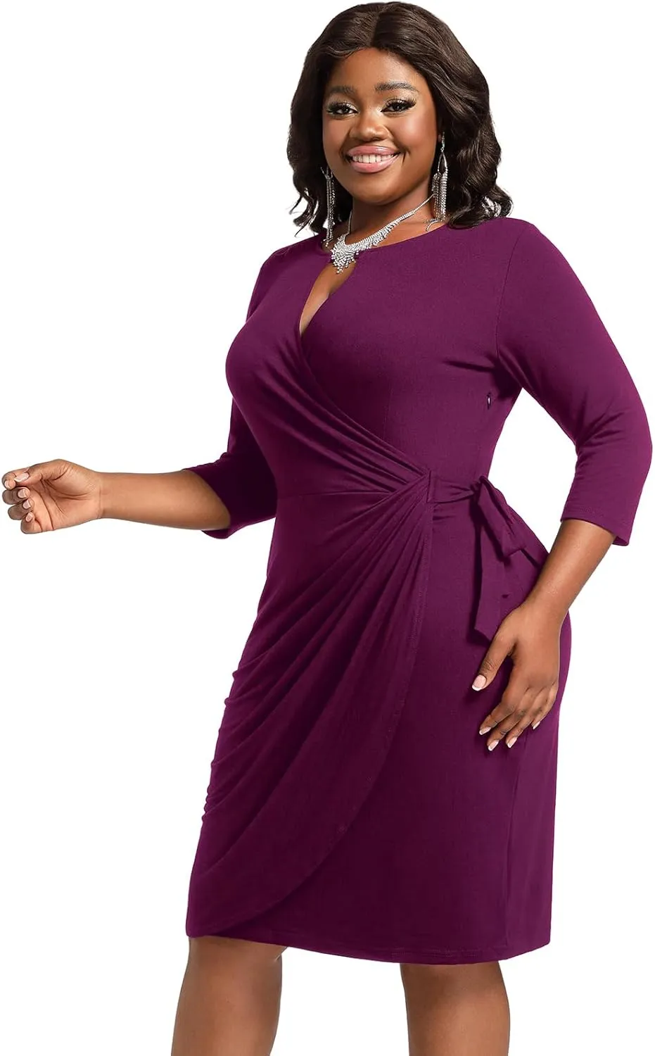 Plus Size Faux Wrap Bodycon Dress for Curvy Women Keyhole 3/4 Sleeve Sexy Cocktail Midi Wedding Guest Dresses