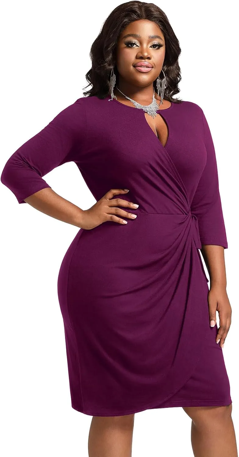 Plus Size Faux Wrap Bodycon Dress for Curvy Women Keyhole 3/4 Sleeve Sexy Cocktail Midi Wedding Guest Dresses