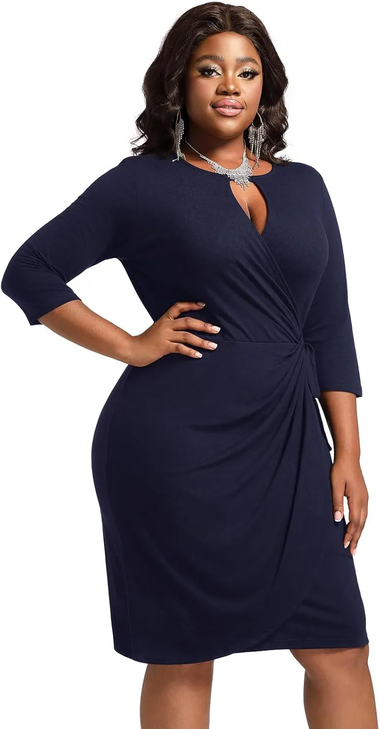 Plus Size Faux Wrap Bodycon Dress for Curvy Women Keyhole 3/4 Sleeve Sexy Cocktail Midi Wedding Guest Dresses