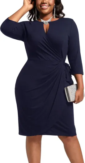 Plus Size Faux Wrap Bodycon Dress for Curvy Women Keyhole 3/4 Sleeve Sexy Cocktail Midi Wedding Guest Dresses
