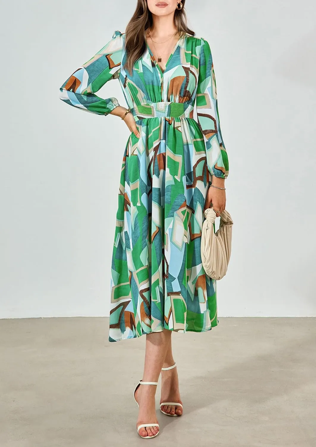 PRETTYGARDEN Women's Spring Floral Midi Dress Fall Long Sleeve V Neck Flowy Casual Beach Vacation Wedding Guest Dresses