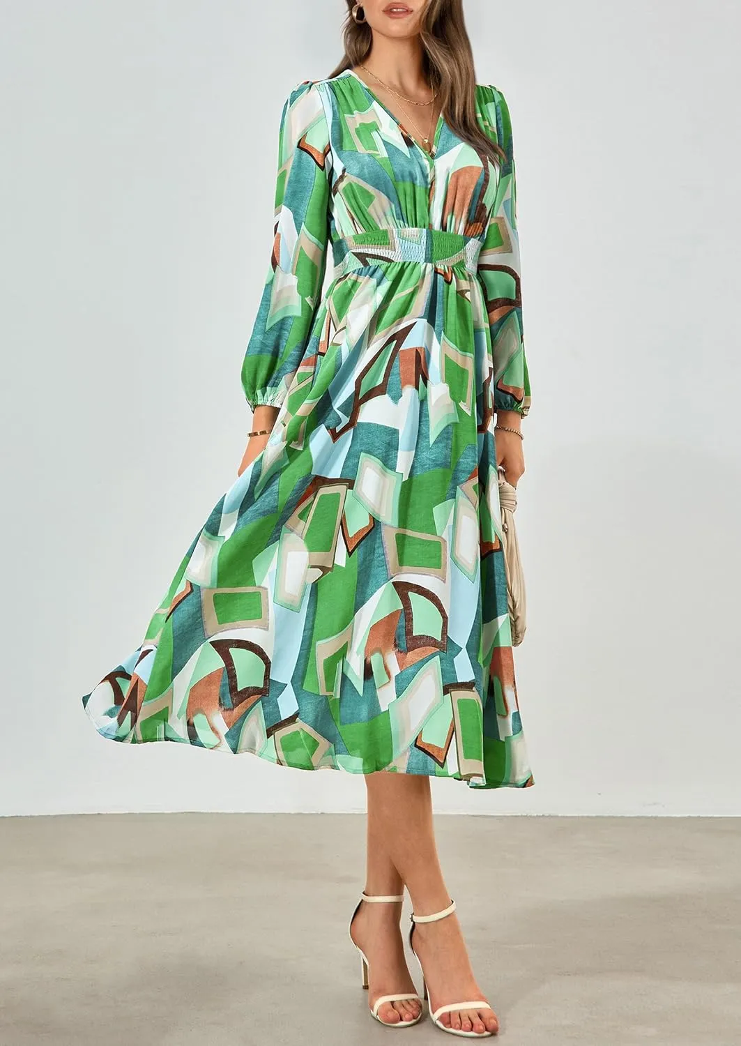 PRETTYGARDEN Women's Spring Floral Midi Dress Fall Long Sleeve V Neck Flowy Casual Beach Vacation Wedding Guest Dresses