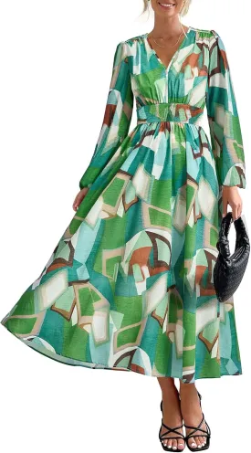 PRETTYGARDEN Women's Spring Floral Midi Dress Fall Long Sleeve V Neck Flowy Casual Beach Vacation Wedding Guest Dresses