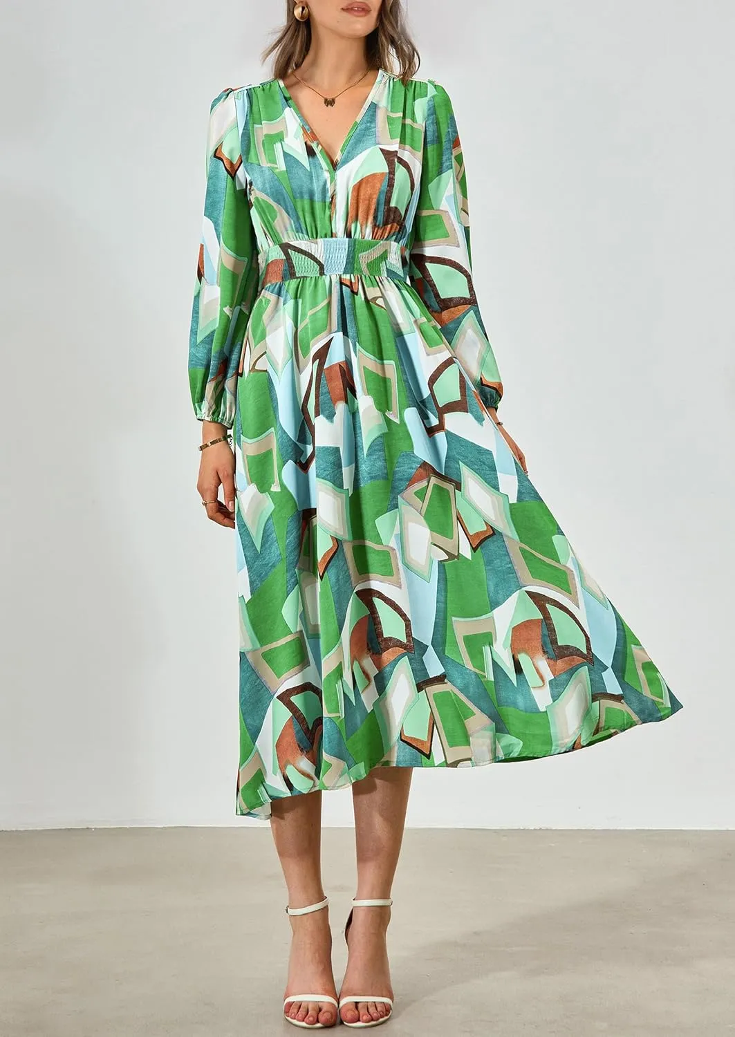 PRETTYGARDEN Women's Spring Floral Midi Dress Fall Long Sleeve V Neck Flowy Casual Beach Vacation Wedding Guest Dresses