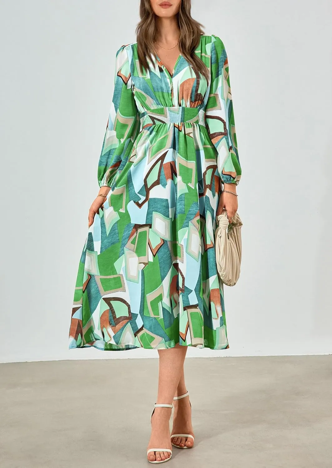 PRETTYGARDEN Women's Spring Floral Midi Dress Fall Long Sleeve V Neck Flowy Casual Beach Vacation Wedding Guest Dresses