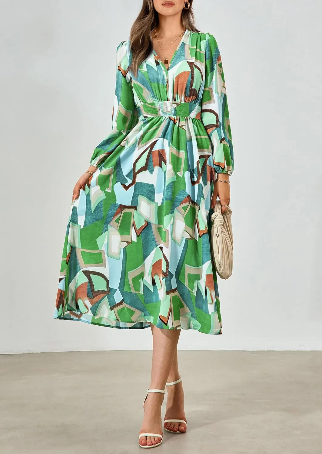 PRETTYGARDEN Women's Spring Floral Midi Dress Fall Long Sleeve V Neck Flowy Casual Beach Vacation Wedding Guest Dresses