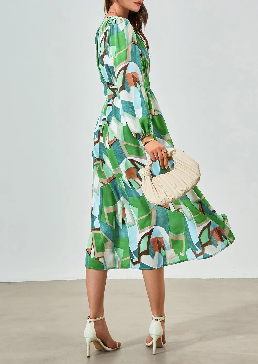 PRETTYGARDEN Women's Spring Floral Midi Dress Fall Long Sleeve V Neck Flowy Casual Beach Vacation Wedding Guest Dresses