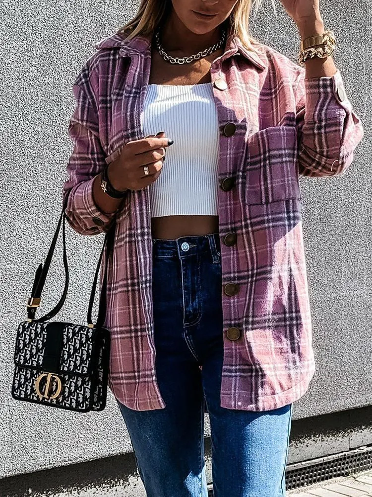 Retro Plaid Button Lapel Pocket Coat