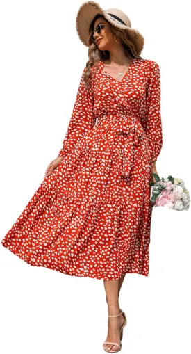 R.Vivimos Women's Fall Long Sleeve Casual Dresses Wrap V Neck Polka Dots Tiered Ruffle Flowy Midi Dress with Belt