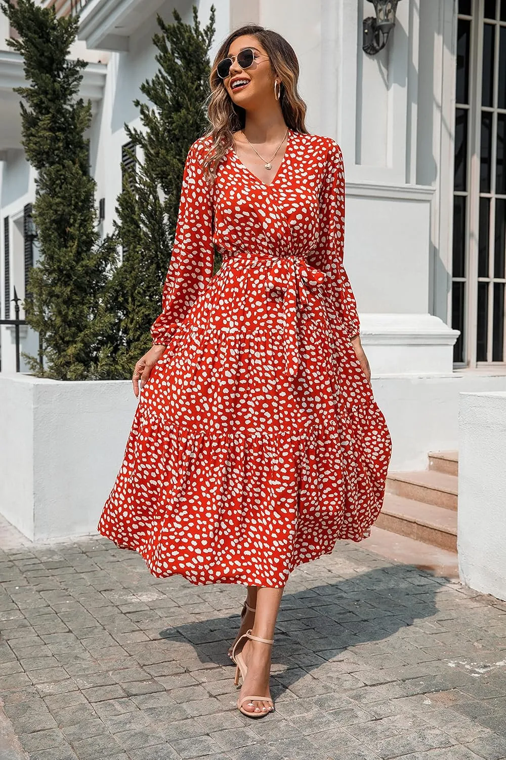 R.Vivimos Women's Fall Long Sleeve Casual Dresses Wrap V Neck Polka Dots Tiered Ruffle Flowy Midi Dress with Belt