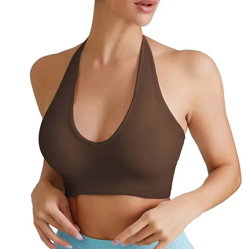 Solid Halter Backless Sport Bra