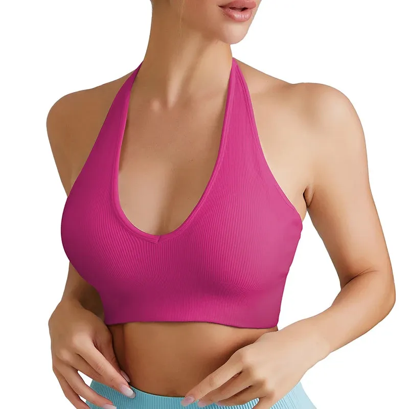 Solid Halter Backless Sport Bra
