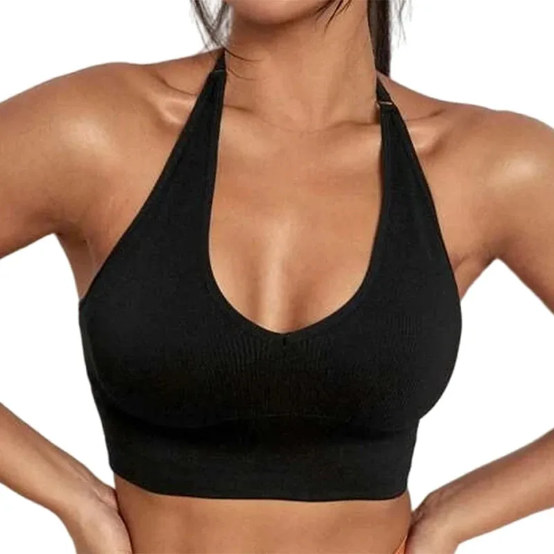 Solid Halter Backless Sport Bra