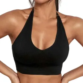 Solid Halter Backless Sport Bra