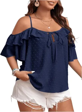 SOLY HUX Women's Plus Size Cold Shoulder Blouse Ruffle Trim Tie Front Shirts Casual Swiss Dots Tops