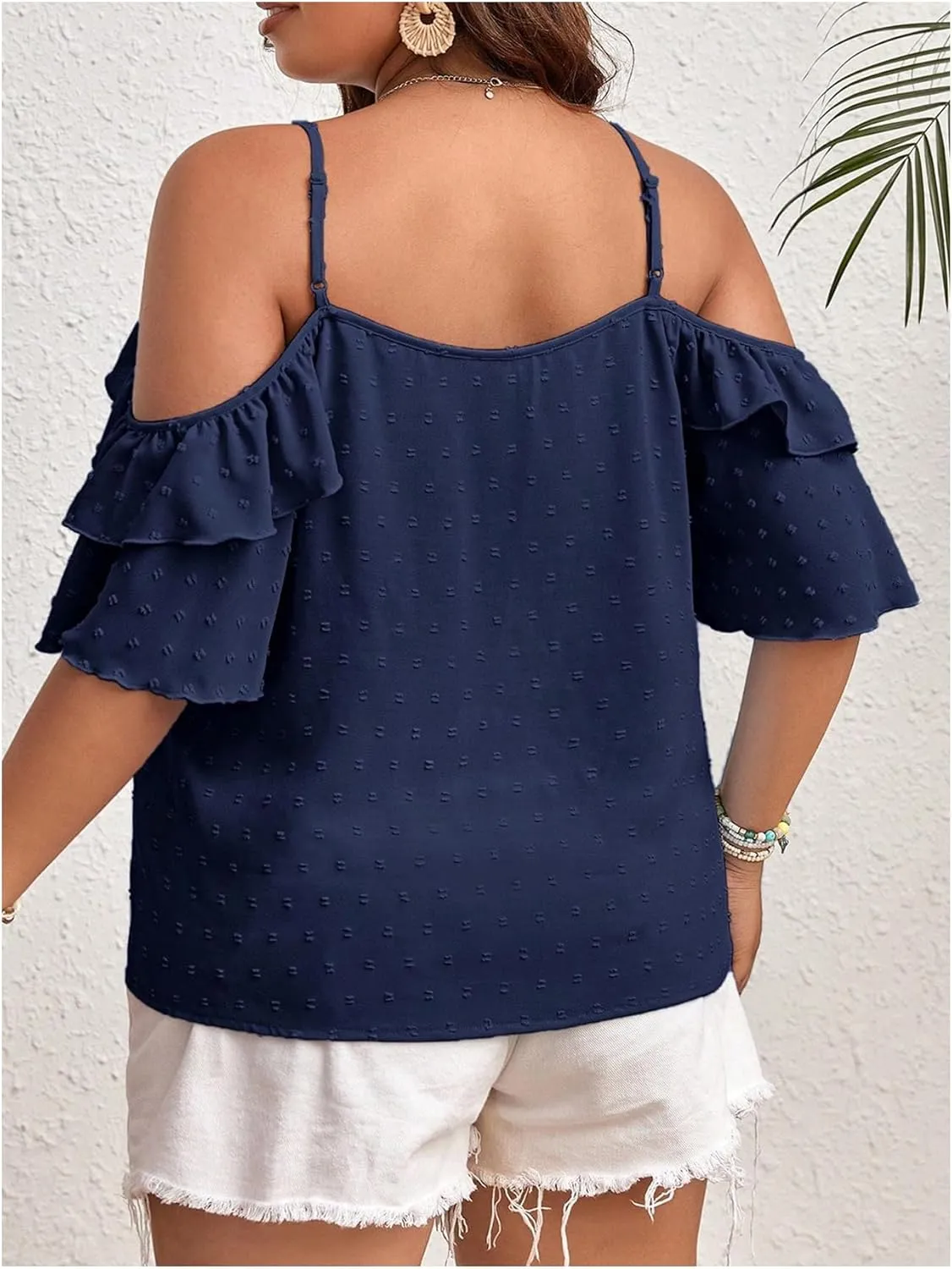 SOLY HUX Women's Plus Size Cold Shoulder Blouse Ruffle Trim Tie Front Shirts Casual Swiss Dots Tops