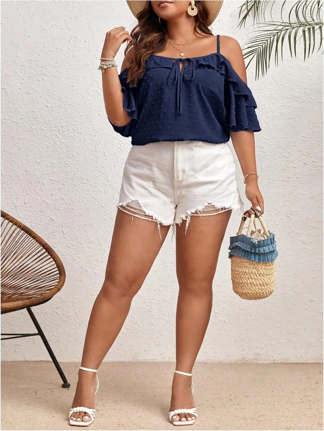 SOLY HUX Women's Plus Size Cold Shoulder Blouse Ruffle Trim Tie Front Shirts Casual Swiss Dots Tops