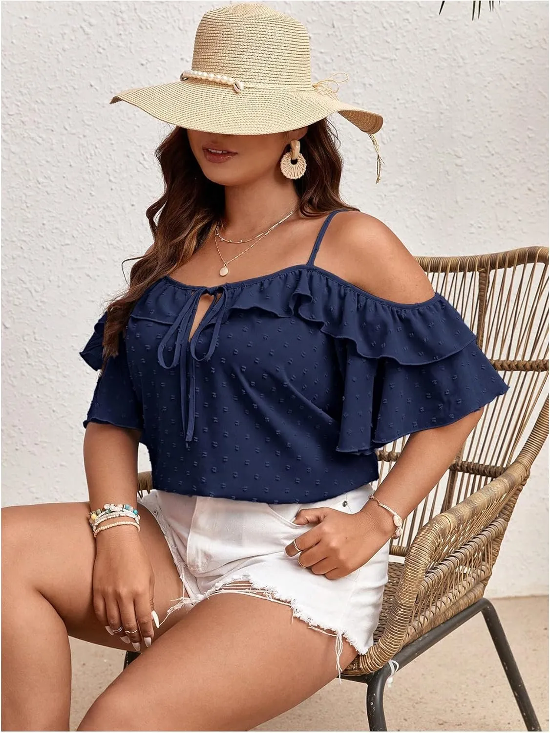 SOLY HUX Women's Plus Size Cold Shoulder Blouse Ruffle Trim Tie Front Shirts Casual Swiss Dots Tops