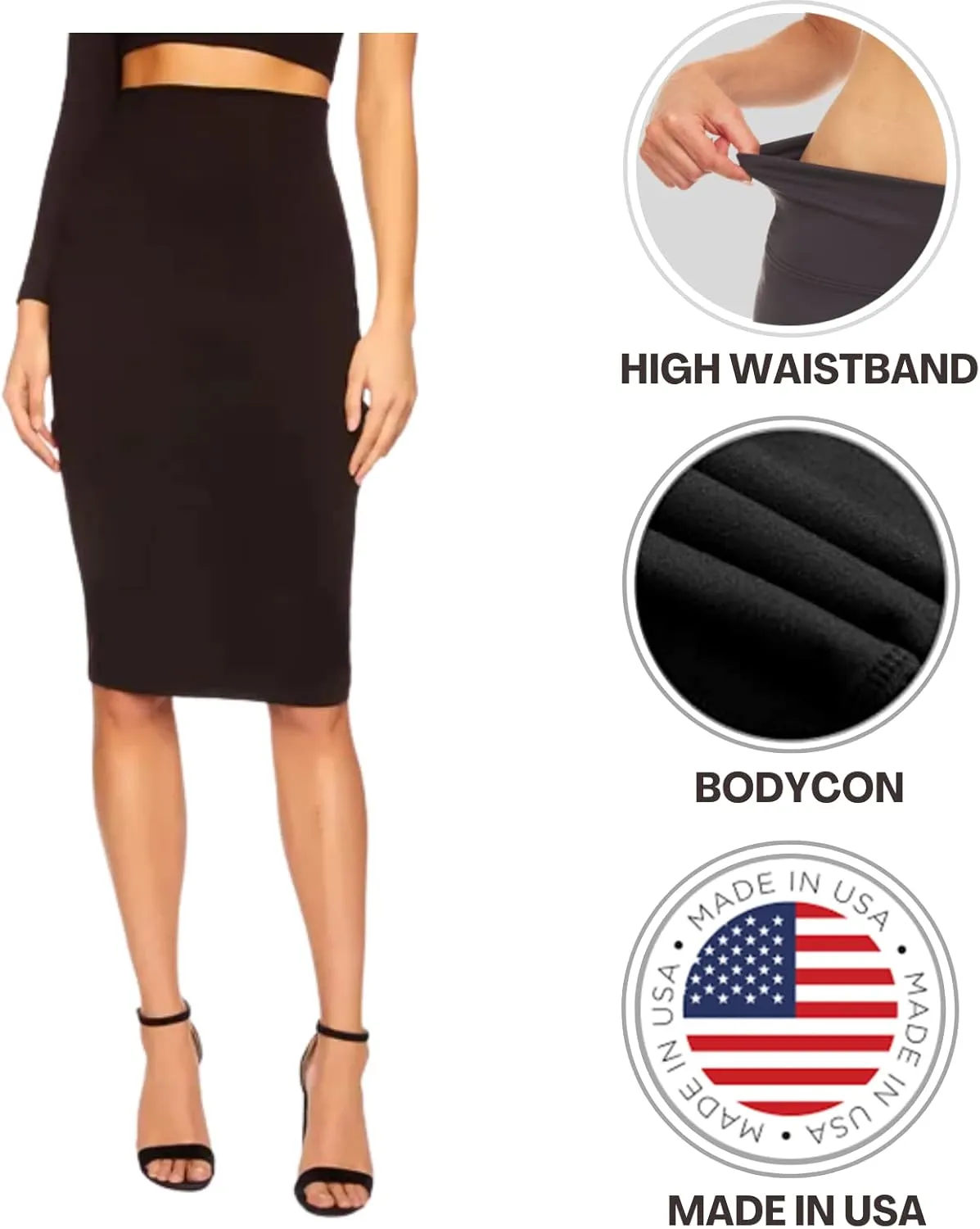 Sweet Hearts Pencil Skirt for Women - XS-XL - Below Knee Office Midi Bodycon Stretch Basic Skirt Made in USA