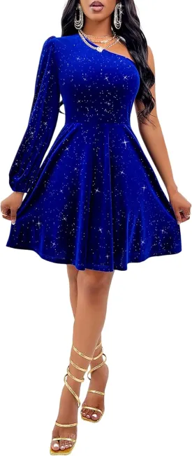 Velvet One Shoulder Bodycon Dress Parties Long Sleeve Dress